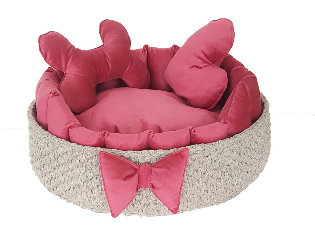 Ful tasarım gri-penbe uyumlu taytüyü  örgü  kedi ve köpek yatağı