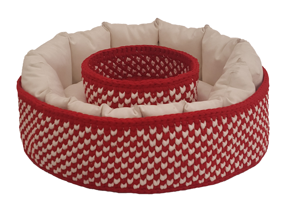 Ful tasarım kırmızı-beyaz  tay tüyü iç yataklı örgü  ve köpek yatağı