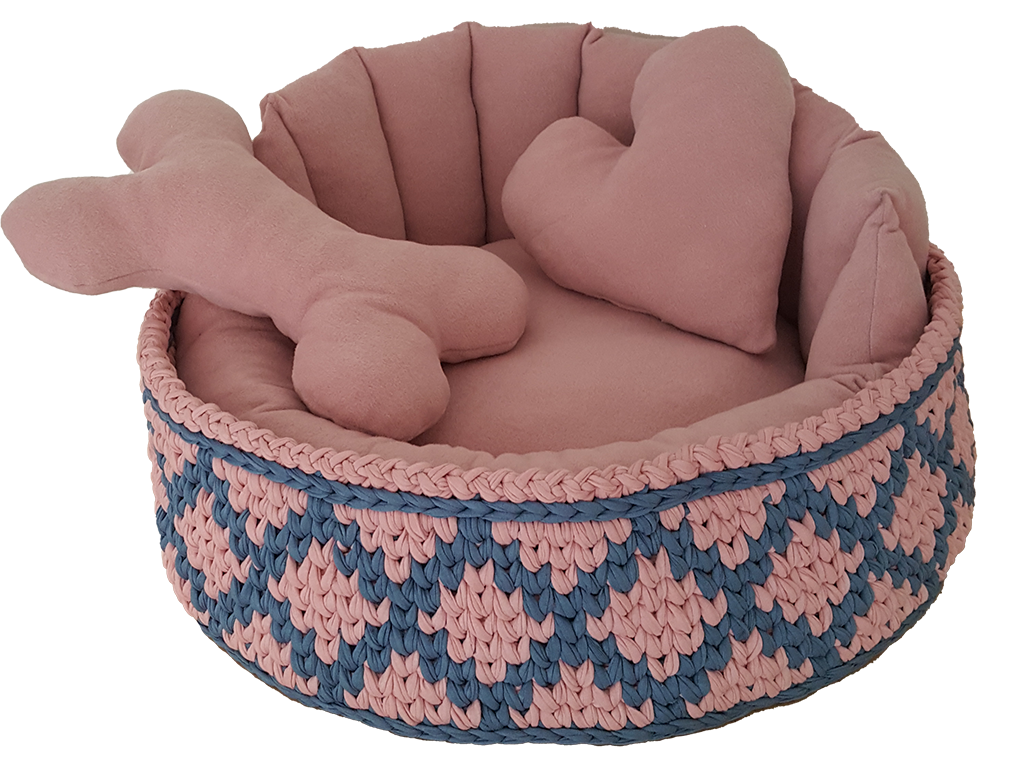 FUL-TASARIM POLAR KUMAŞ VE PENYE İPTEN ÖRÜLMÜŞ KEDİ/KÖPEK YATAĞI ( Pembe / Lacivert Tırmalamalara Karşı Ekstra Dayanıklı)