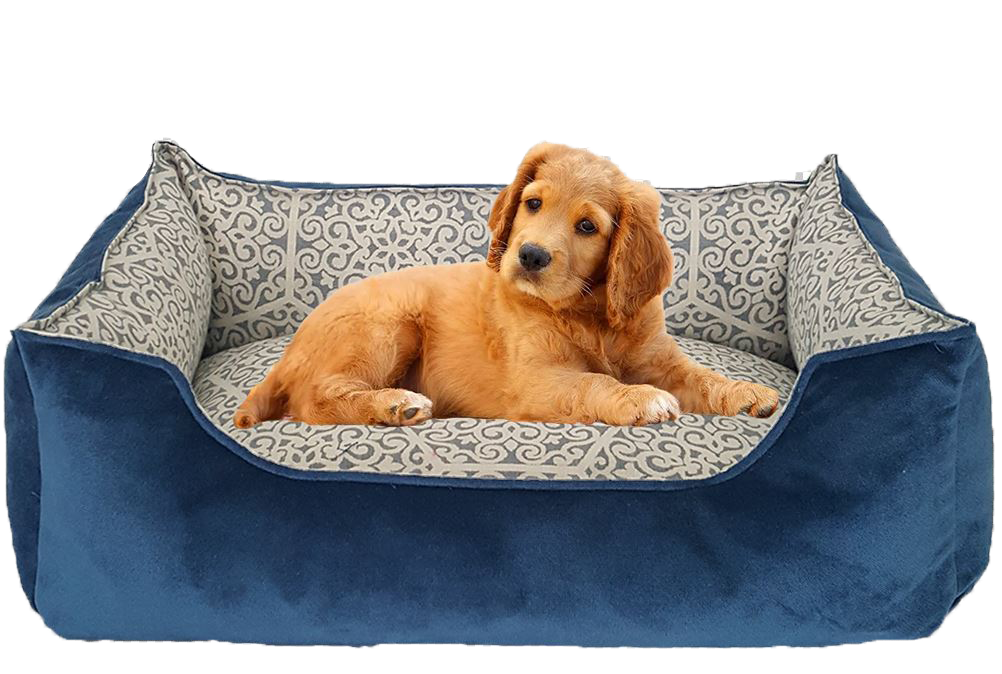 FUL-TASARIM TAY TÜYÜ KÖŞELİ KÖPEK YATAĞI ( Gri renk Desenli / Lacivert Çift Taraflı Kullanılabilir, Tırmalamalara Karşı Ekstra Dayanıklı)
